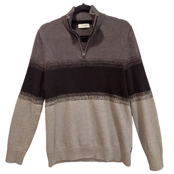 Calvin Klien Sweater Mens L Cotton grey black tight knit 1/4 Zip Career hipster - Picture 1 of 14
